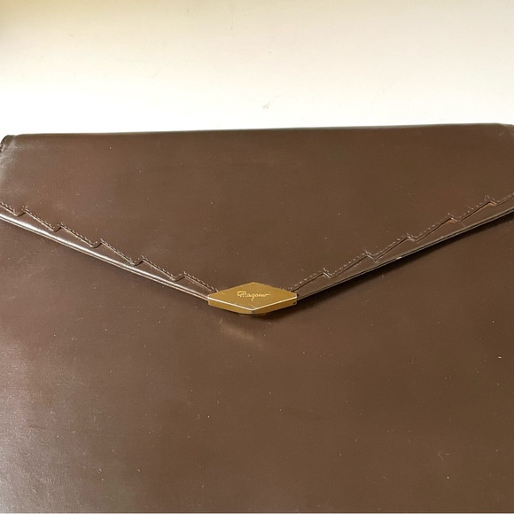 VTG Salvatore Ferragamo Leather Covertible Envelope Bag Purse Brown w Box - Picture 1 of 13